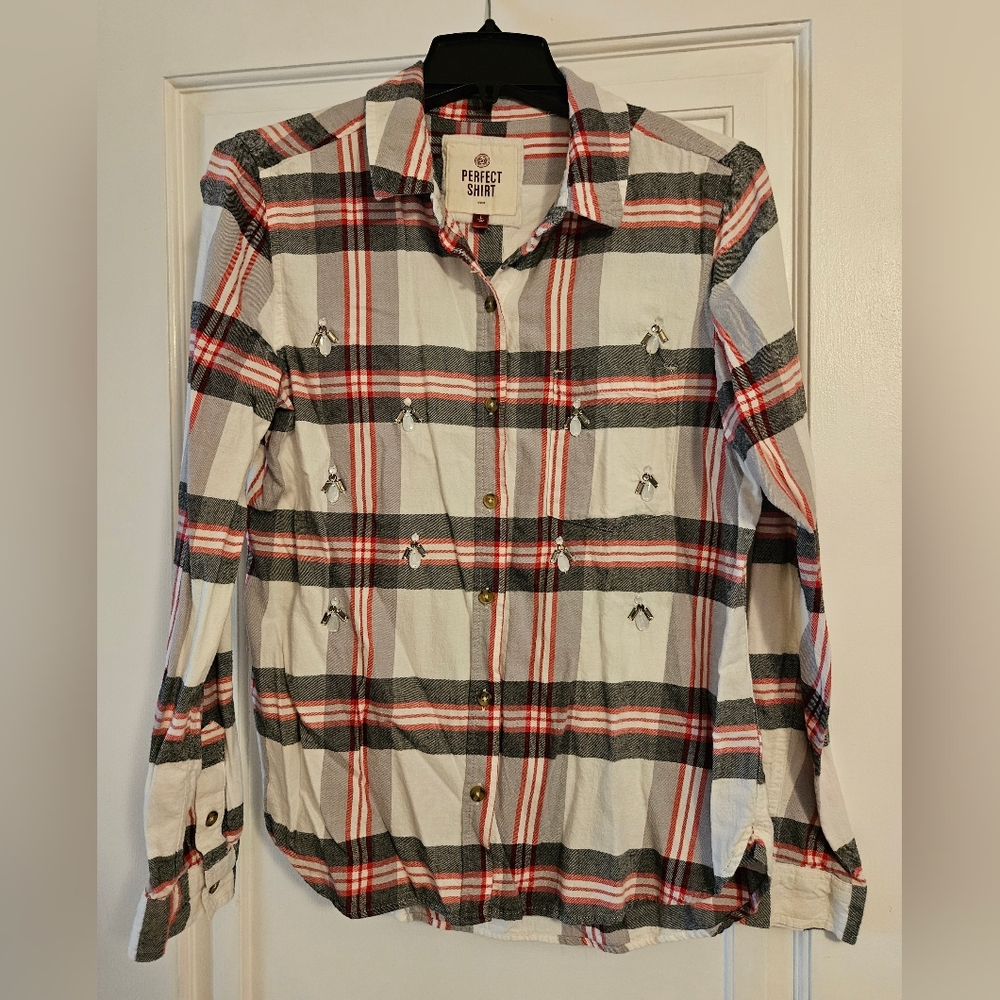 EUC So Women's/Junior's Plaid Bejeweled Flannel Shirt, White/Red/Black, Size L